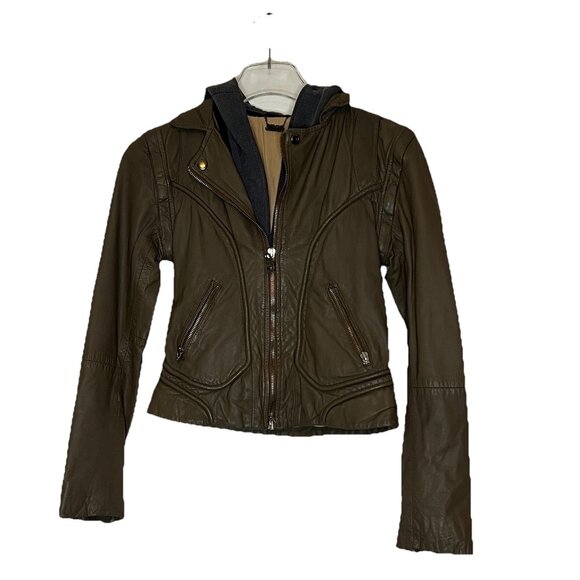 DOMA Jackets & Blazers - Doma Leather Jacket S Womens Olive Gray Moto Zip Off Sleeves Hoodie